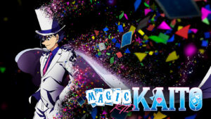 Magic Kaito 1412 anime character and logo with colorful confetti background.