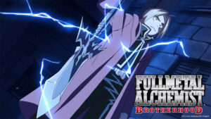 Fullmetal Alchemist Brotherhood character with lightning effects and series logo.