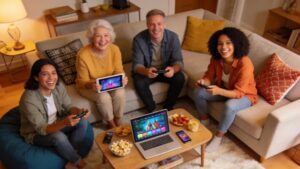 People enjoying streaming services on different devices in a cozy living room, illustrating the evolving streaming platforms market.