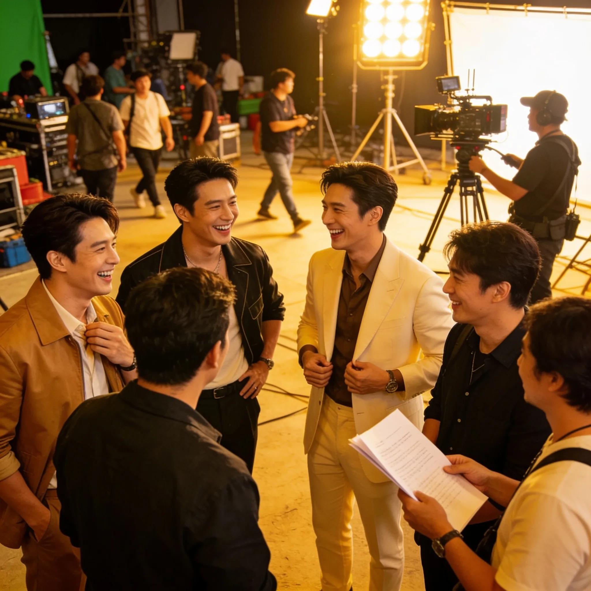 Behind-the-scenes moment with notable Asian drama actors during film production, highlighting their star power