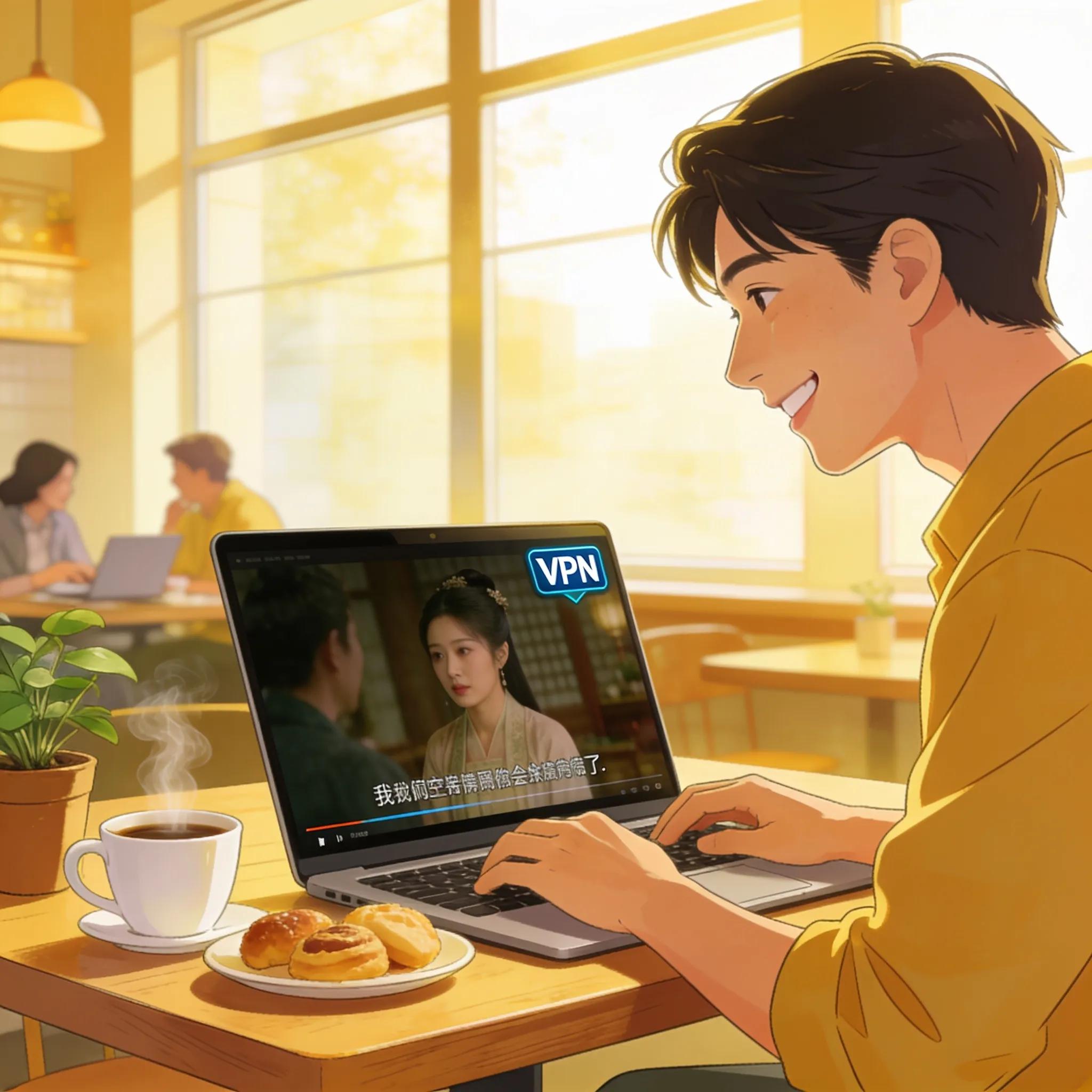 User streaming Asian dramas on a laptop in a cafe with a VPN connection