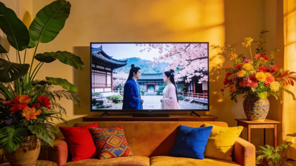 Cozy living room scene with a TV showcasing Asian drama, emphasizing the joy of streaming