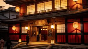 Traditional Japanese cinema theater showcasing inviting architecture and warm lights