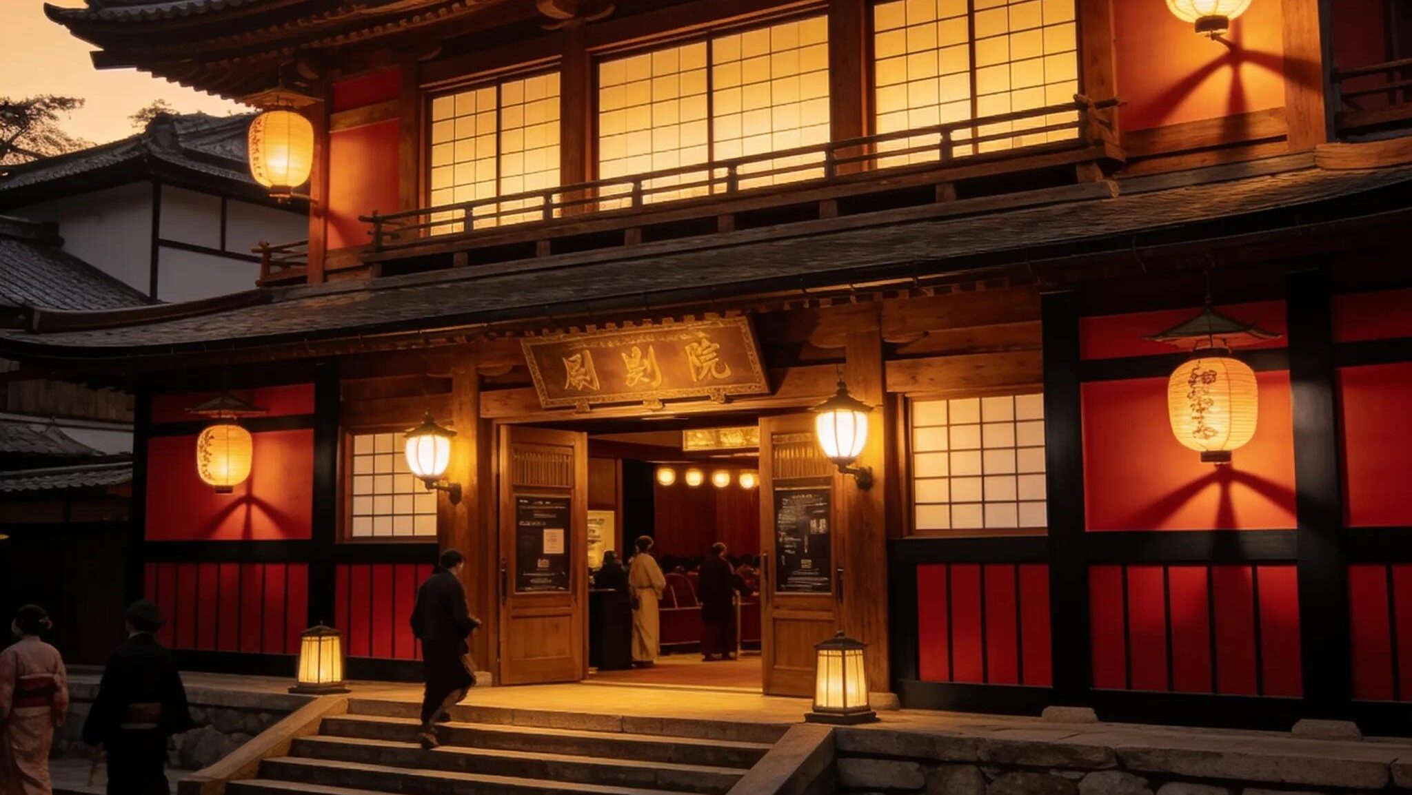 Traditional Japanese cinema theater showcasing inviting architecture and warm lights