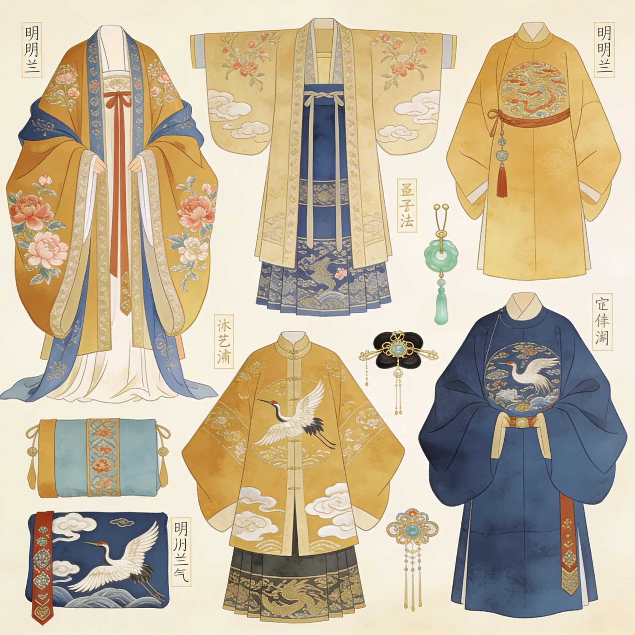 Display of Hanfu styles from Minglan, highlighting historical accuracy and cultural significance through intricate designs