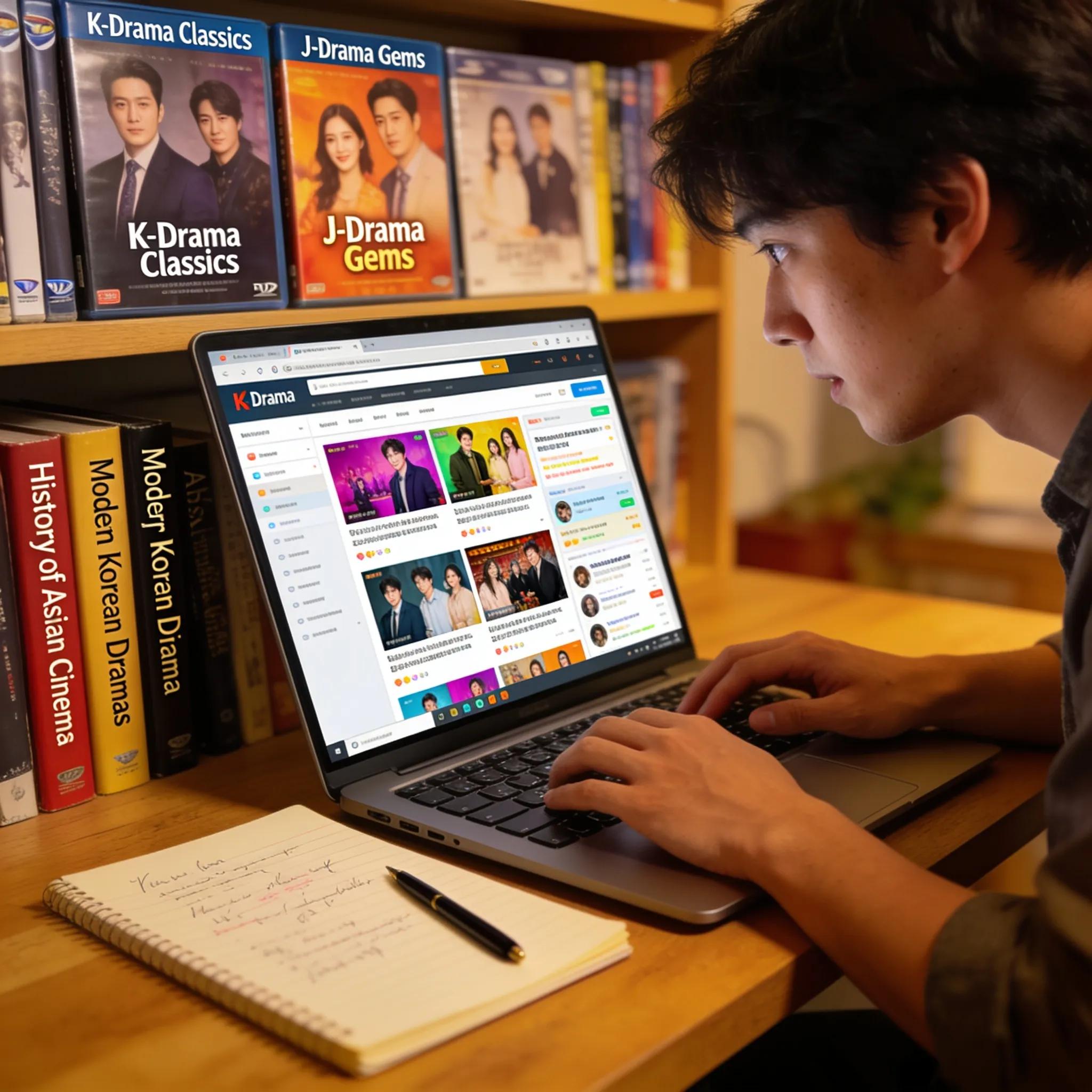Person using a laptop to explore Asian drama databases, illustrating the process of discovering new series and engaging with content