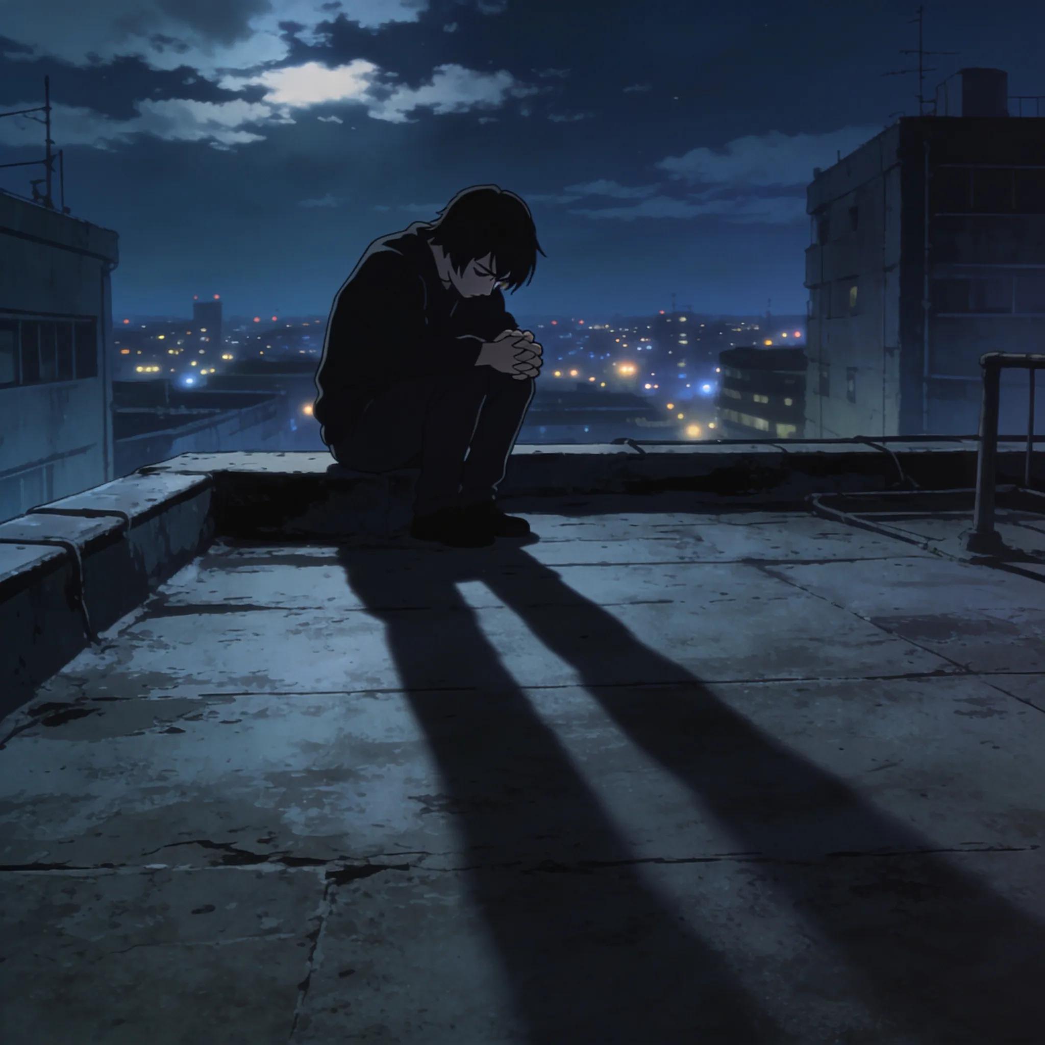 Thoughtful character in a dim urban setting, reflecting psychological themes found in seinen anime narratives.