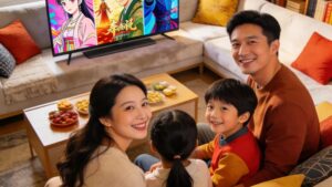 Family enjoying Asian live TV streaming together in a cozy living room