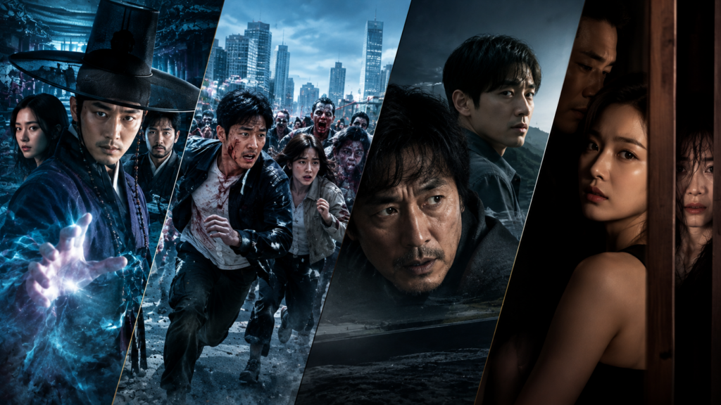 Four Korean thriller movies: Dr. Cheon and Lost Talisman, Gangnam Zombie, Memoir of a Murderer, and Hidden Face