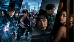 Four Korean thriller movies: Dr. Cheon and Lost Talisman, Gangnam Zombie, Memoir of a Murderer, and Hidden Face