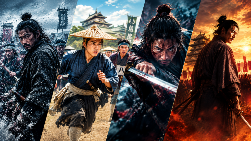 Four Japanese samurai warriors in dramatic battle scenes, representing 11 Rebels, Samurai Marathon, Crazy Samurai: 400 vs. 1, and Samurai Fury